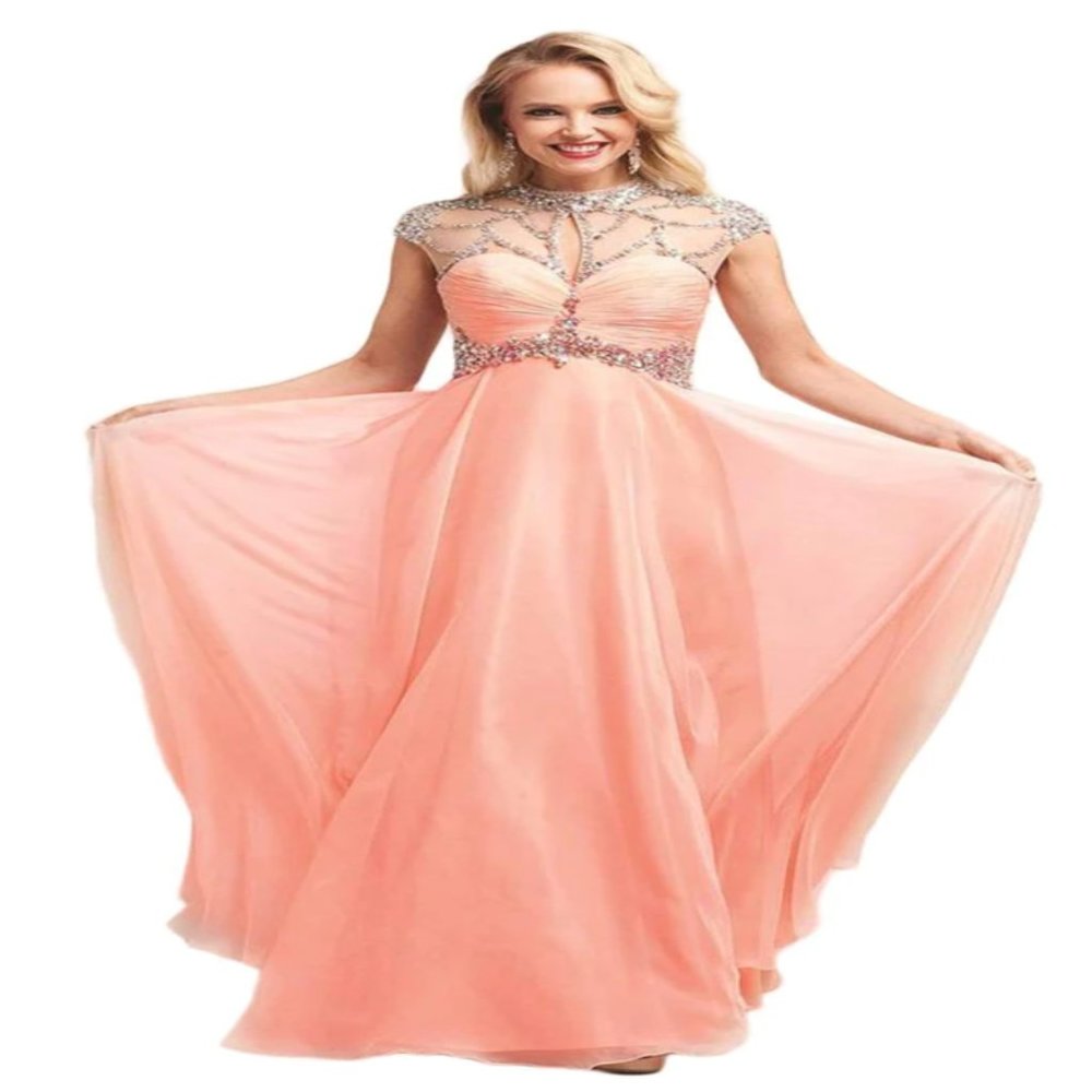 Cinderella Divine - 7959 Sheer Embellished Ruched High Neck Evening Dress- Peach